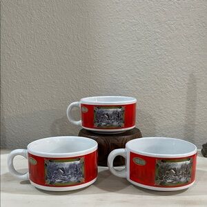 Currier & Ives- Vintage Red Ceramic Mug Set of Three